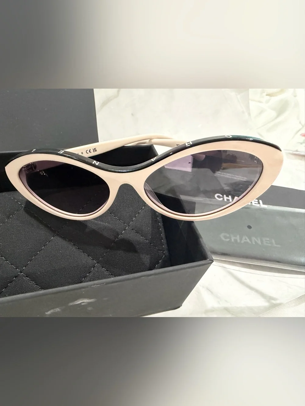 Beige/Pink Tone and Black Cat-Eye Sunglasses with Dark Lenses
